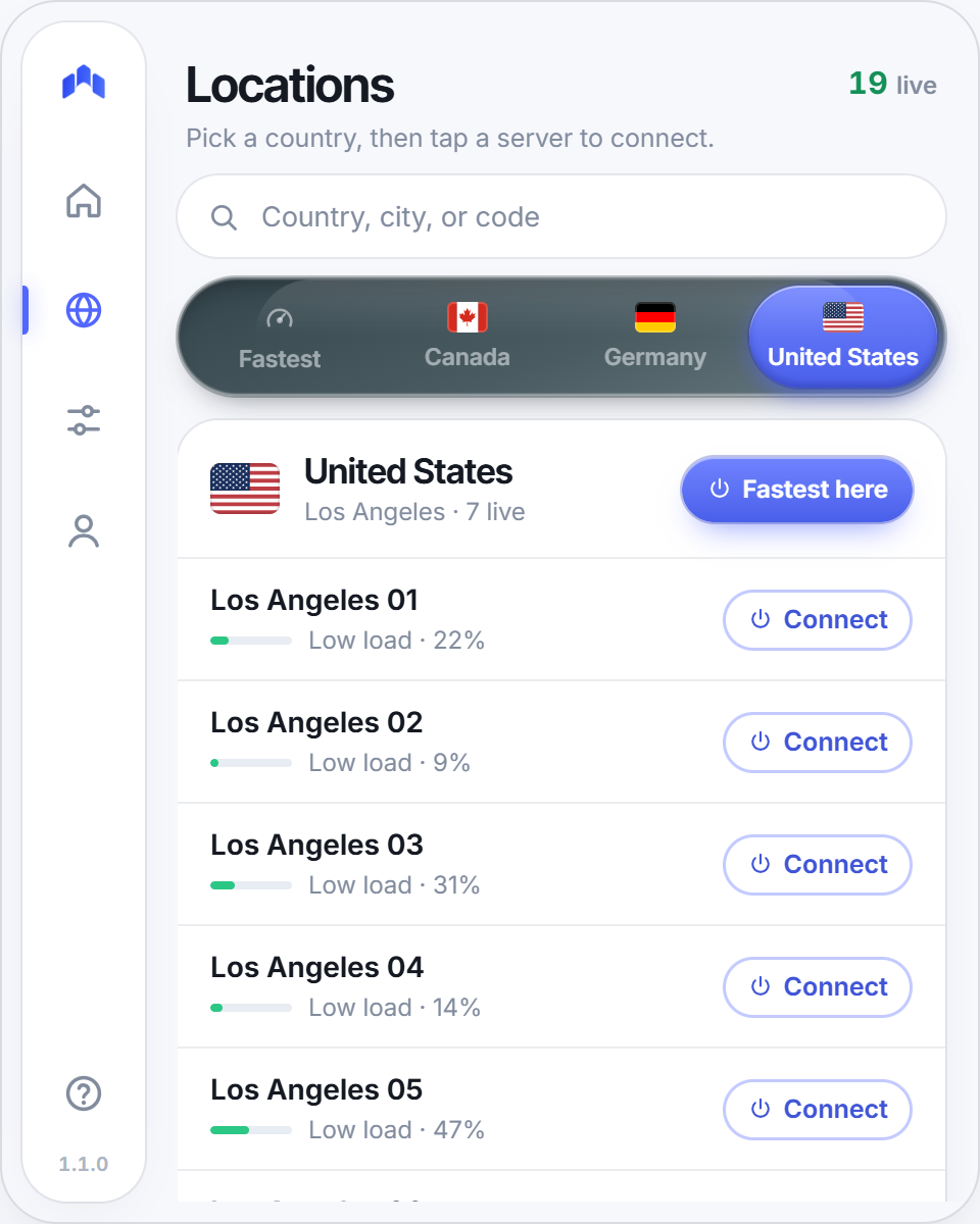 Hushgate locations screen listing seven Los Angeles servers